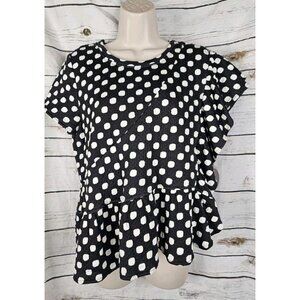 Eva Franco Black Polka Dot Knit Top M NEW Ruffled Peplum Womens Asymmetrical